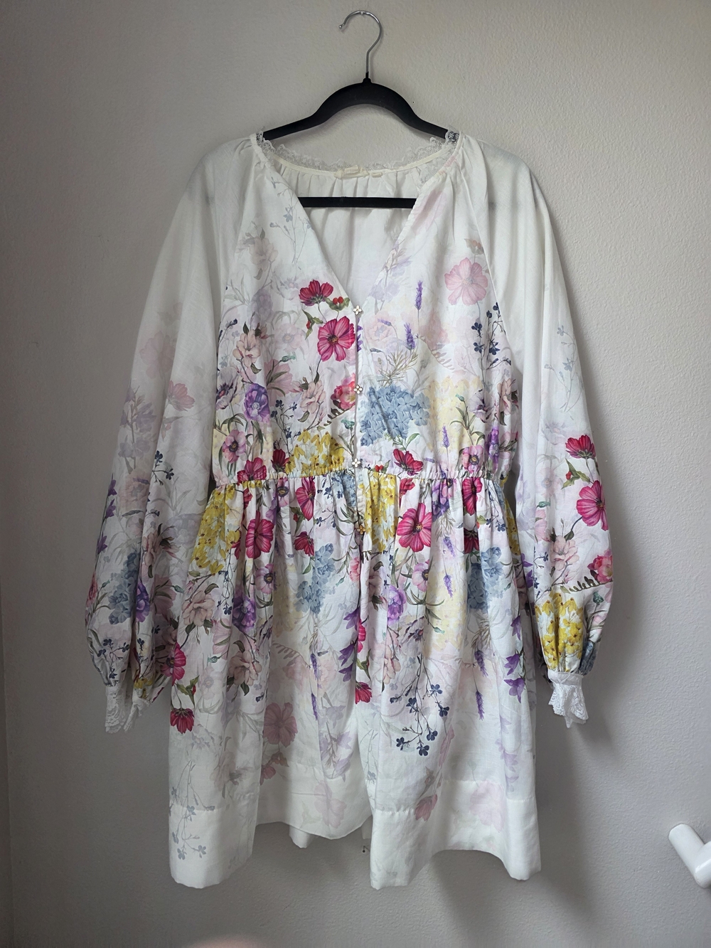 White Floral Peasant Dress Tunic with Pink & Yellow Blooms